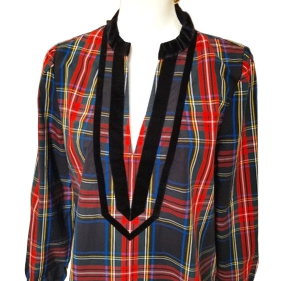 J. CREW Black Velvet-trimmed V-neck holiday tunic in Stewart tartan, X-Small NWT - Picture 5 of 8